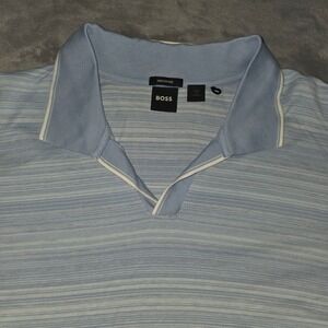 Hugo Boss Mercerised Cotton Polo‎ Shirt Light Blue Striped V-Neck Mens Large